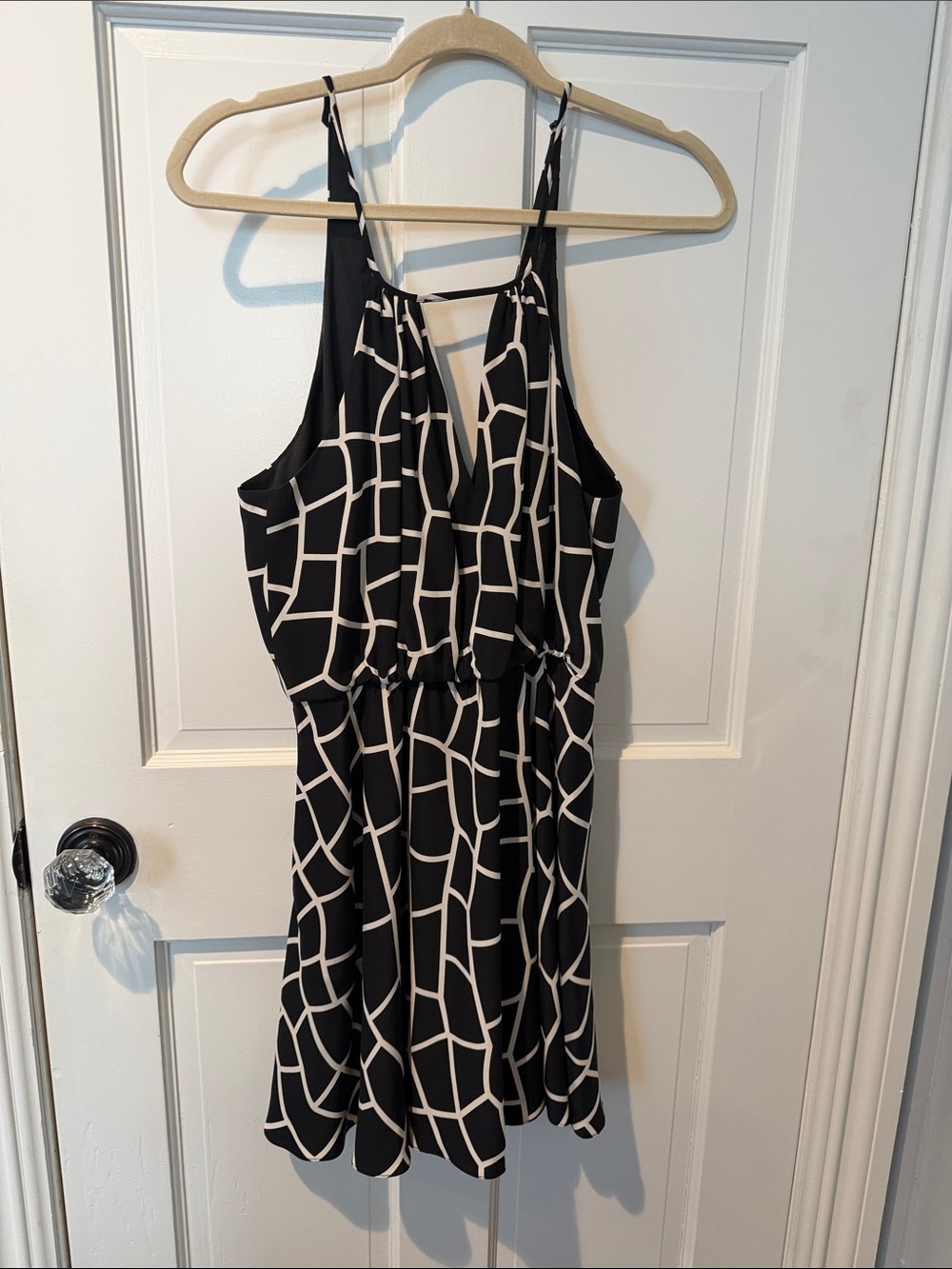 JAYGODFREY Black and White Grid-Print Spaghetti Strap Mini Dress